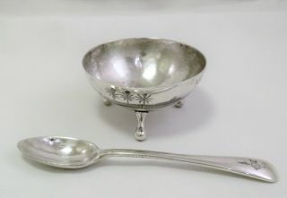 Vintage Iraq Silver Niello Dish / Salt And Spoon (spoon Is Signed).
