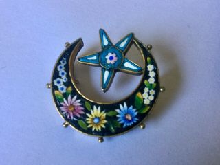 Vintage Jewellery Micro Mosaic Floral Crescent Moon & Star Brooch Pin 3