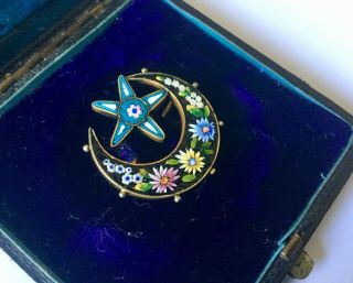 Vintage Jewellery Micro Mosaic Floral Crescent Moon & Star Brooch Pin 4