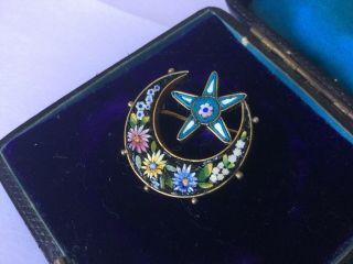 Vintage Jewellery Micro Mosaic Floral Crescent Moon & Star Brooch Pin 5