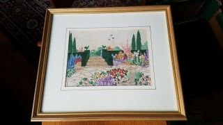 Vintage Hand Embroidered Framed Picture - Garden Scene