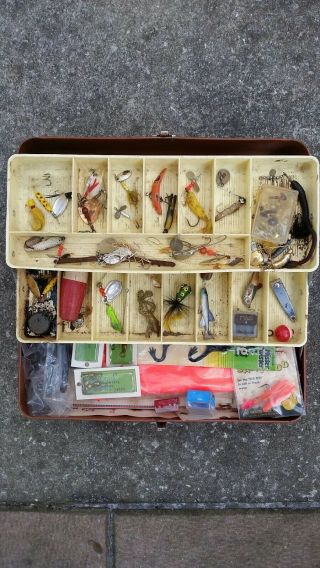 Vintage Old Pal Woodstream Tackle Box Full Of Lures And Tackle