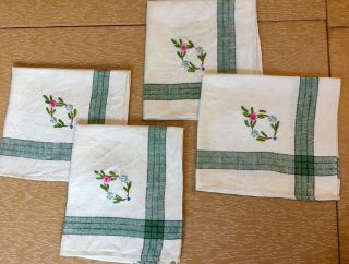 4 Vintage Linen Tea Napkins Green Striped Hand Embroidered Flowers.