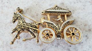 Vintage Damascene Brooch Pin Gold Carriage Horse Made In Spain Moving Wheels