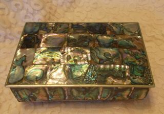 Vintage Abalone Shell Inlay Trinket Jewelry Box Wood Lined