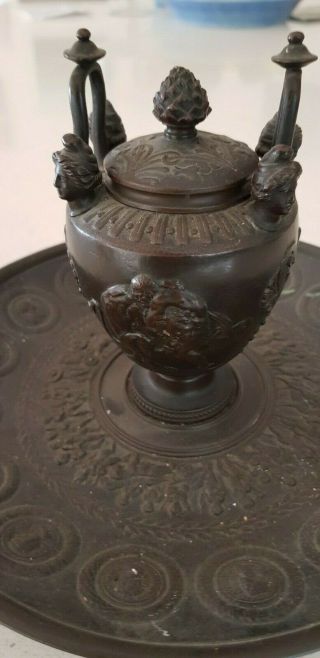 Vintage Antique 19th C.  French Bronze INKSTAND INKWELL urn style coin pattern 4