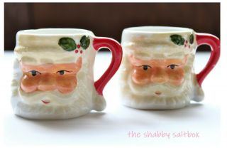 Vintage Set Of 2 Small Santa Claus Ceramic 1960s Mini Mugs Espresso Cups Japan