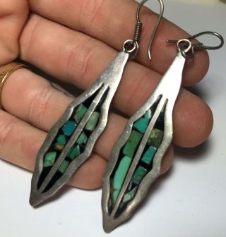 Vtg Sterling Silver 925 Taxco Mexico Inlaid Turquoise Drop Dangle Earrings
