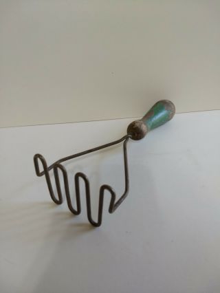 Vintage Potato Masher Chippy GREEN Painted Wooden Handle Kitchen Utensil Tool 2