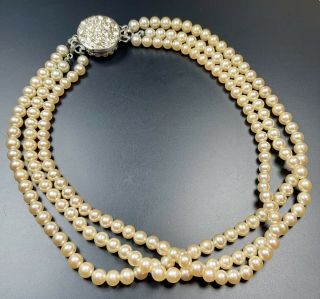 Signed Sarah Coventry Vintage Necklace Choker 15” Triple Strand Glass Pearls