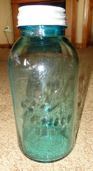 Old Vintage Big Half Gallon Blue Glass Ball Mason Canning Jar Zinc Lid 4 Zink