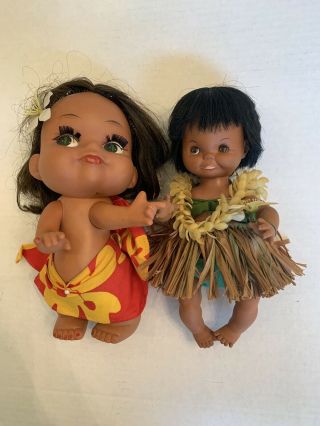 2 Vintage Hawaiian Souvenir Hula Girl Dolls Made In Hong Kong