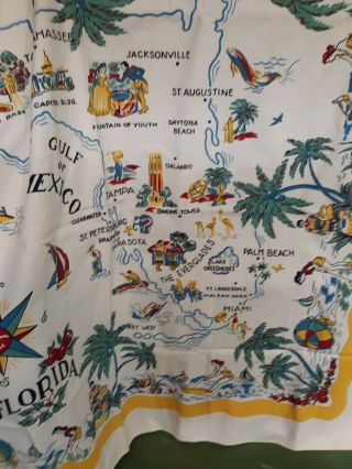 Vibrant Print Vtg Florida State Map Souvenir Tablecloth 46 " X 48 " Barkcloth?