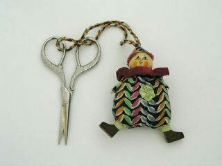 Vintage Sheffield England Scissors W/ Folk Art Pin Cushion Doll Hand Crafted