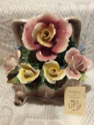 Capodimonte Italy Flower Basket Porcelain Figurine Centerpiece Roses Vintage