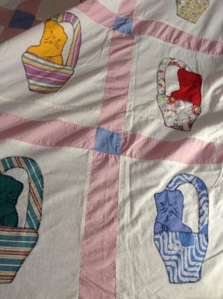 Vintage Cat In Basket Unfinished Quilt Top Multi Colored 62x93 Inches