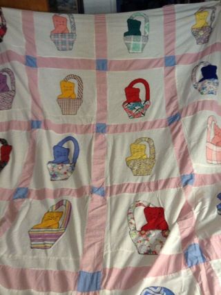 Vintage Cat In Basket Unfinished Quilt Top Multi Colored 62x93 Inches 2