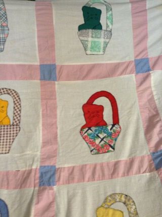Vintage Cat In Basket Unfinished Quilt Top Multi Colored 62x93 Inches 3