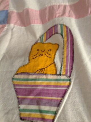 Vintage Cat In Basket Unfinished Quilt Top Multi Colored 62x93 Inches 5