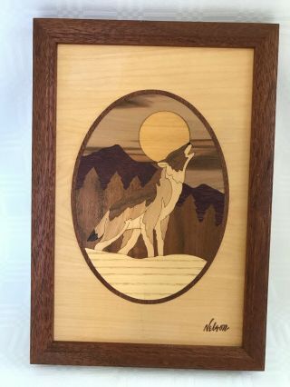 Vtg Hudson River Inlay Marquetry By Jeff Nelson Howling Wolf 