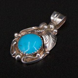 Vtg Sterling Silver - Navajo Signed Ag Turquoise Stone Feather Pendant - 4g
