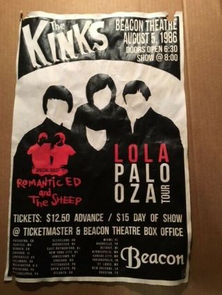 Vintage Kinks Concert Poster - - 1986 Lolapalooza Tour - - Romantic Ed And The Sheep - -