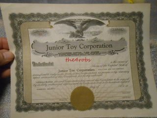 Vintage Junior Toy Corporation Stock Certificate Velocipede Tricycles Hammond,  In