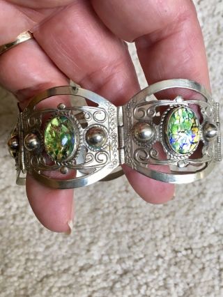 Vintage Mexican Taxco Sterling Silver Green Opal Art Glass Bracelet 1.  4 Ounces
