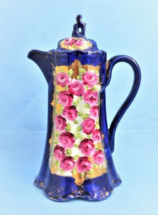 Vintage Nippon Japan Hand Painted Teapot Roses Blue Gold Gilt