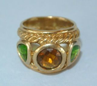 Vintage Gold Tone Green & Brown Rhinestone Chunky Ring Size 6.  5