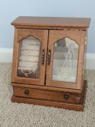 Vintage Wood Jewelry Box Organizer High Box Chest Etched Flower Glass Doors