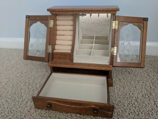 Vintage Wood Jewelry Box Organizer High box chest Etched flower glass doors 2