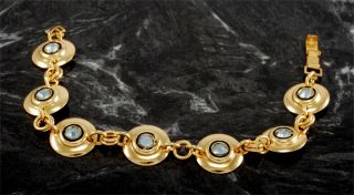 Vtg Bracelet Gold Tone Light Blue Rhinestone Gem Metal Chain Ladies Jewelry B