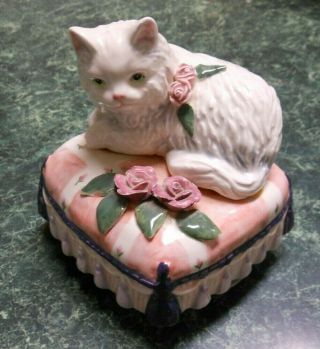 Vintage Lefton Porcelain White Cat Spinning Music Box Song " Memory " From " Cats "
