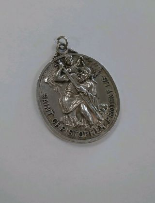 Large Vintage Oval Sterling Silver Saint St.  Christopher Charm Medal Pendant