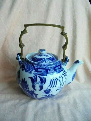 Unusual Vintage Blue Willow Teapot With A Brass Handle
