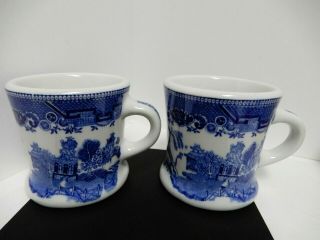Vtg Set Of 2 Carr China Restaurant Ware Coffee Mugs Cups Blue Willow Heavy Duty