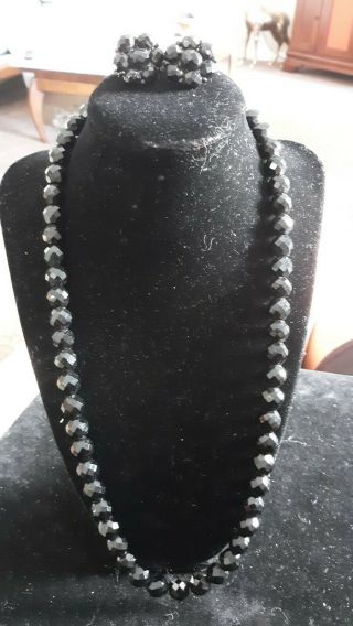Vintage Lisner Black Glass Necklace & Earrings Set Designer Jewelry