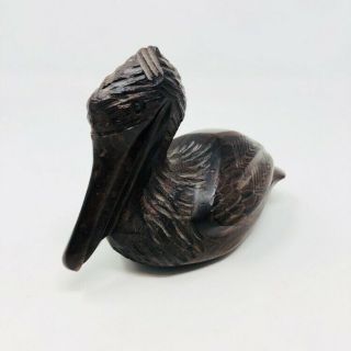 Vintage Hand Carved Hard Wood Walnut Dark Pelican Figurine Sculpture Heavy