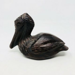 Vintage Hand Carved Hard Wood Walnut Dark Pelican Figurine Sculpture Heavy 2