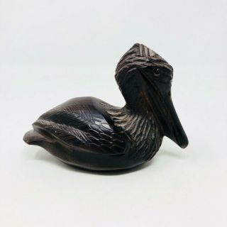 Vintage Hand Carved Hard Wood Walnut Dark Pelican Figurine Sculpture Heavy 3