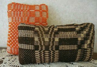Primitive Vintage Woven Brown & Orange Coverlet Pillow Tucks Farmhouse Decor