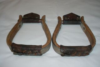 Vintage Western Wood Saddle Stirrups With Metal & Leather