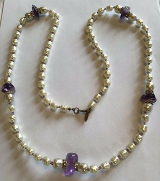 Vintage Miriam Haskell Signed Baroque Pearl Rhinestoneand Purple Stone Necklace