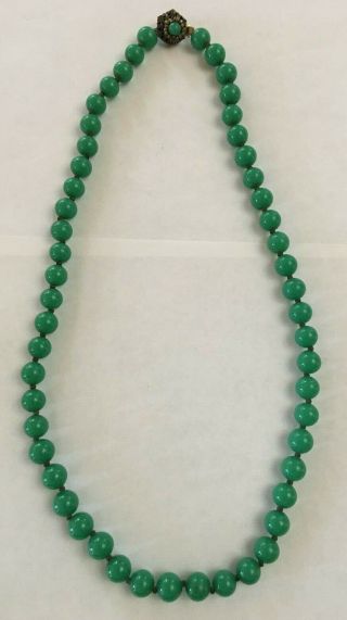 Vintage Miriam Haskell Jade Green Glass Bead Necklace - 22 " - Signed Miriam Haskell