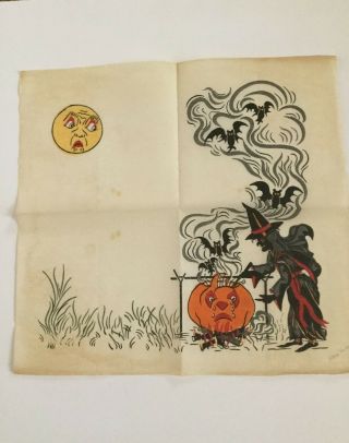 Vintage Crepe Paper Halloween Napkins 1940 ' s Black Cats Pumpkins Bats Witches 2