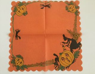 Vintage Crepe Paper Halloween Napkins 1940 ' s Black Cats Pumpkins Bats Witches 4