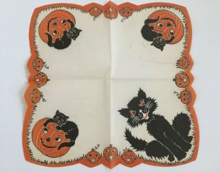 Vintage Crepe Paper Halloween Napkins 1940 ' s Black Cats Pumpkins Bats Witches 5