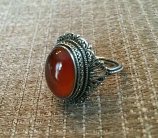 Vintage Ornate Sterling Silver Ring W.  Carnelian Cabochon - - Size 6 3/4 - - Unmarked