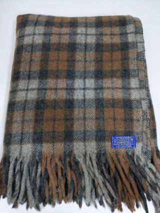 Vintage Pendleton 100 Wool Stadium Throw Blanket Tartan Plaid Brown Fringe